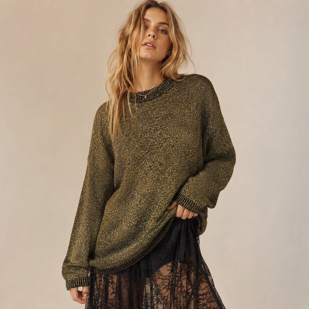 Vintage 90s Parkway Knits Gold Metallic Oversized Sweater M/L